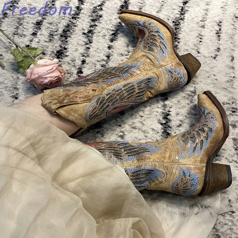 

Cowboy Boots Women's New Trend Pointed Toe Chunky Heel Sleeve Mid Calf Boots Spice Girls Tall Knight Boots