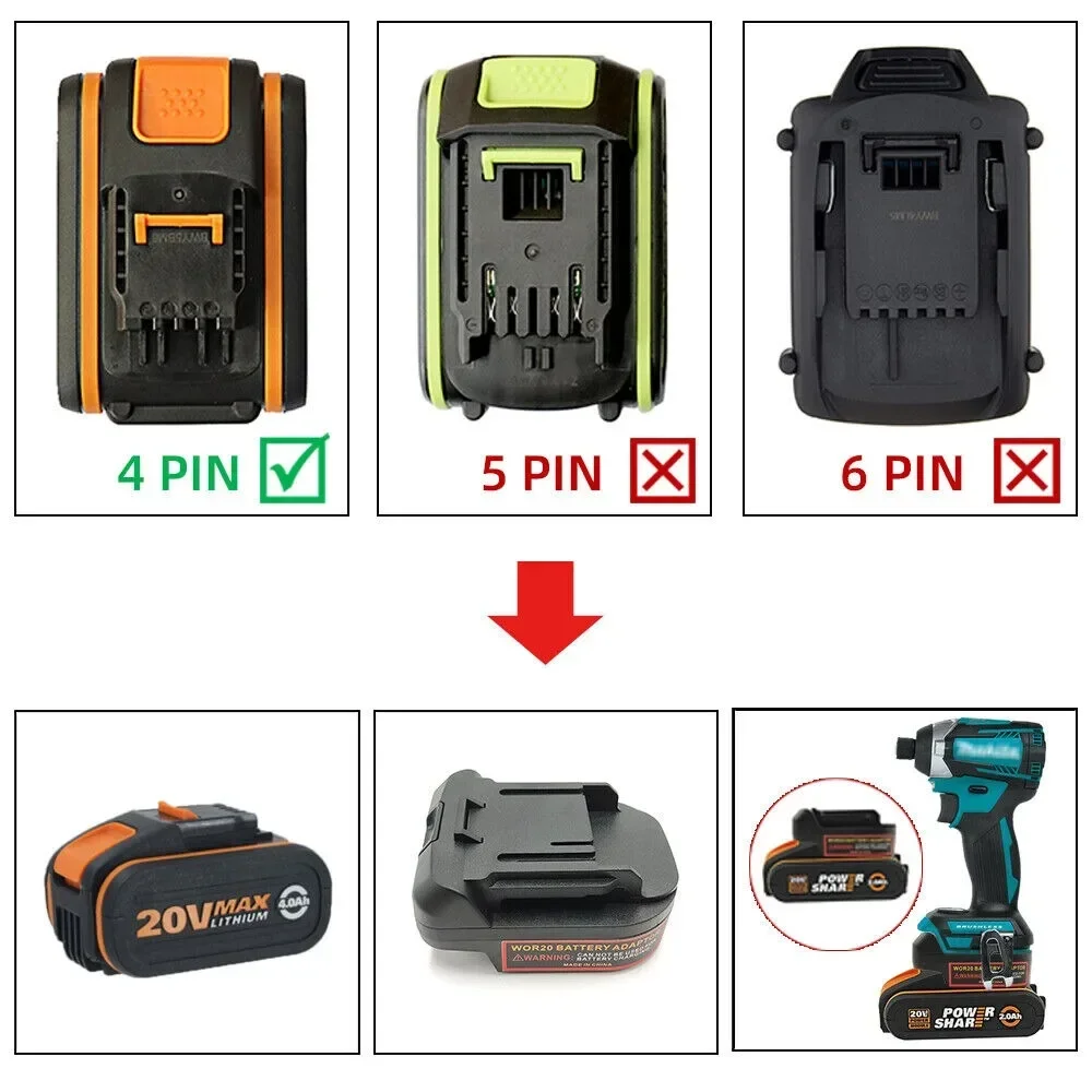 Adaptador de batería de iones de litio, convertidor para Worx 20V, 4 pines, color naranja, herramienta eléctrica para taladro de 18V Makita, BL