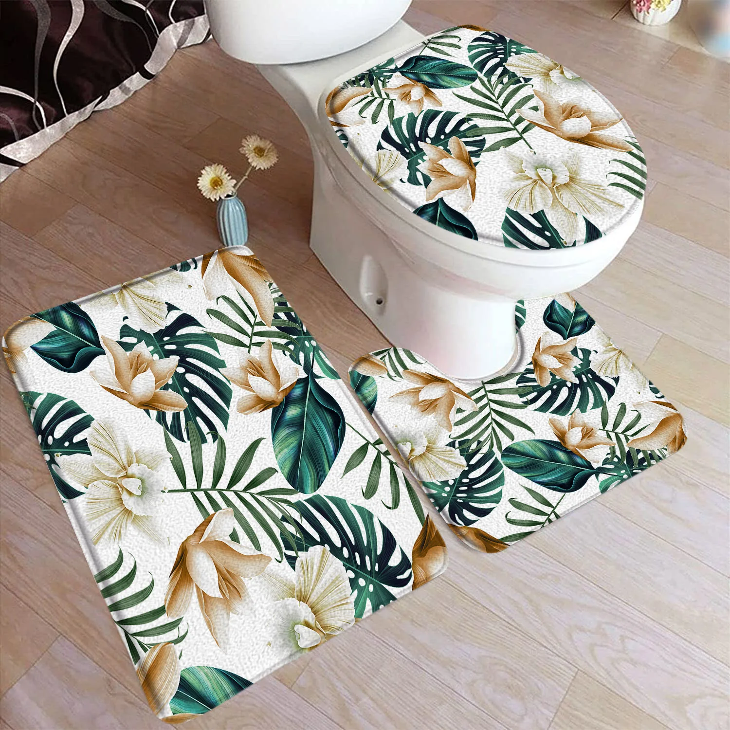 Tropical Leaves Bath Mat Set Palm Leaf Monstera Plnat Floral Home Carpet Flannel Bathroom Decorative Floor Rugs Toilet Lid Cover