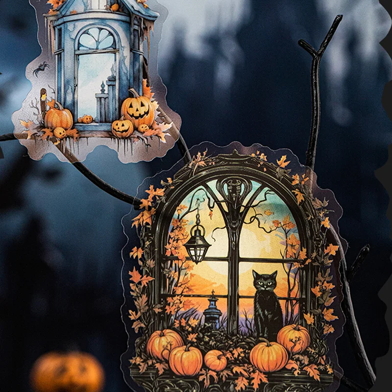 10PCS Gothic Halloween Window Stickers Vintage Dark Night PET Decals for Scrapbook Journal Junk Journal DIY Crafts Spooky Decor