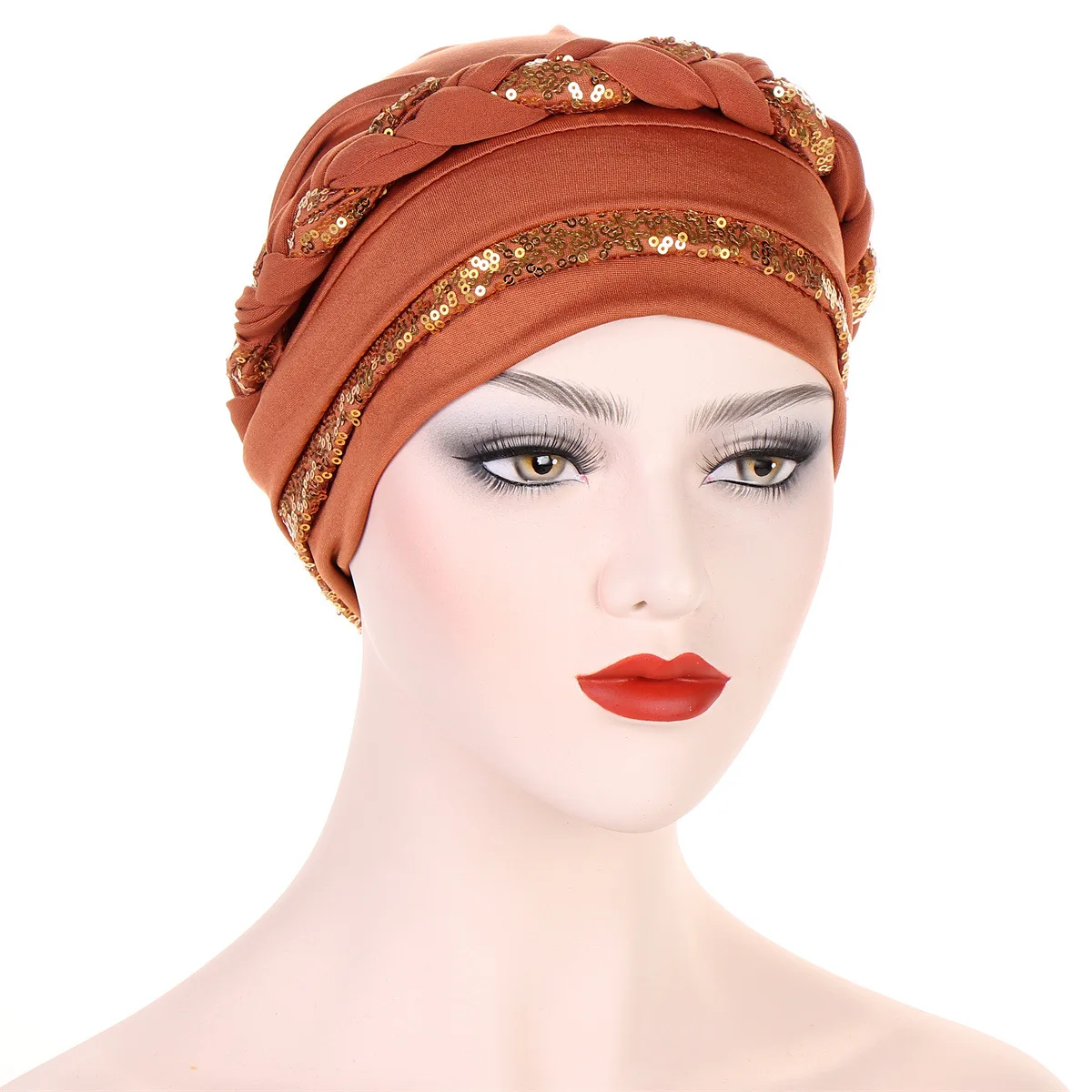 Fashion Hijabs for Women Braid Decor Muslim Turban for Female Elegant Sequin Bonnet Cap Elastic Head Scarf for Woman Headcover