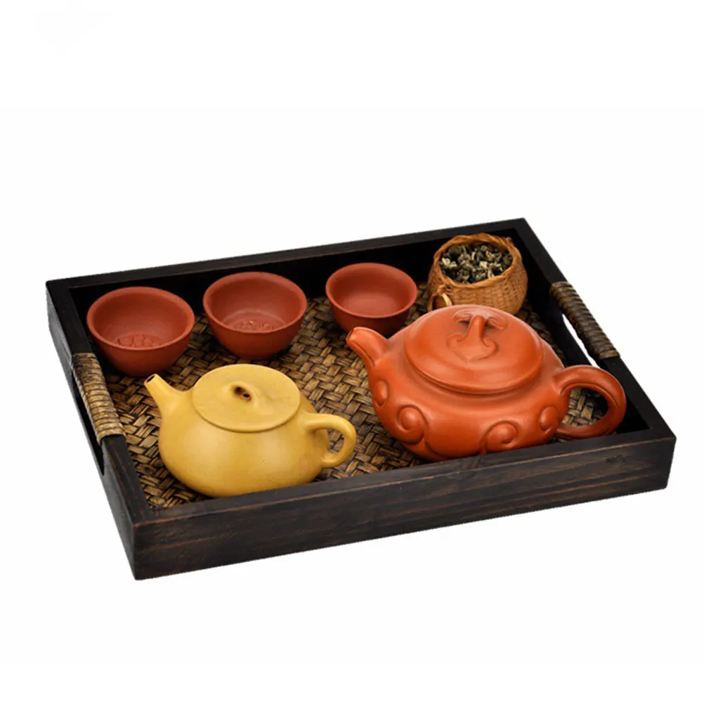 

Rustic Wooden Serving Tray Bamboo Weaving Coffee Table Tea Cup Storage SPA Salon Solid Wood Frame