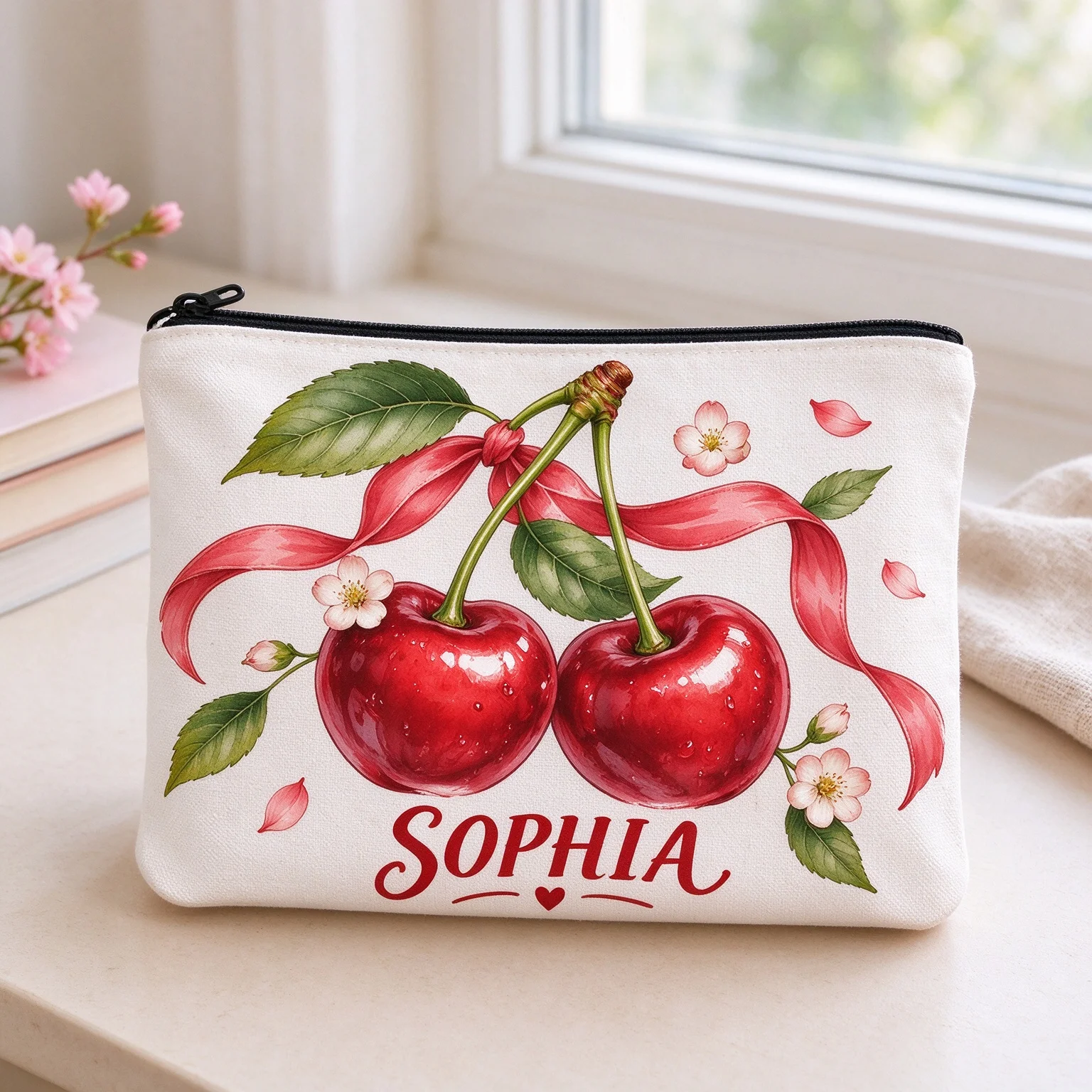 Personalized Name Canvas Zipper Pouch Red Cherry Ribbon Print Makeup Bag Travel Cosmetic Storage Pencil Case Gift for Women