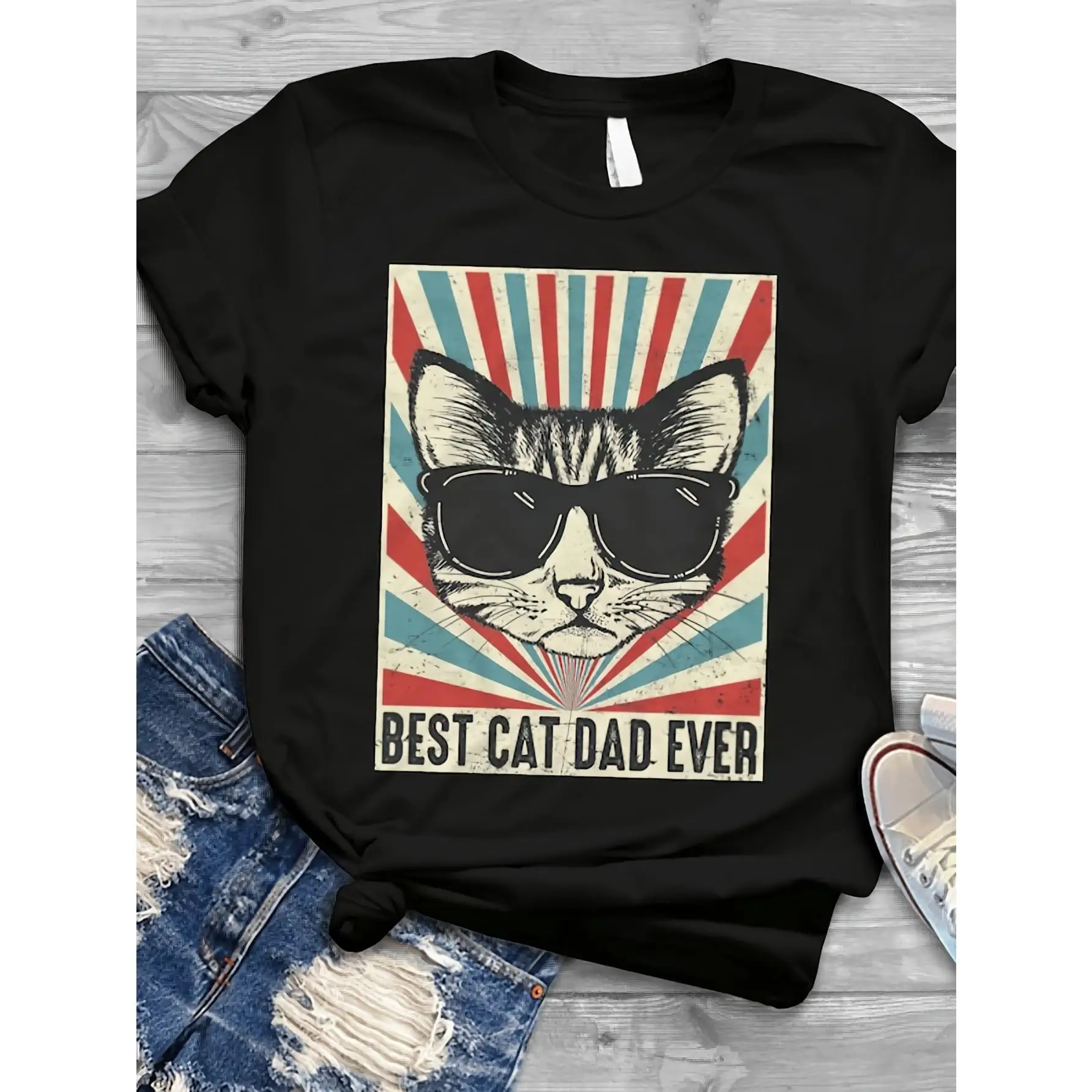 

Best Cat Dad Ever Retro Vintage T-Shirt For Women - Casual Crew Neck Short Sleeve Tee With Cat & Fashion Glasses Graphic, Lightw