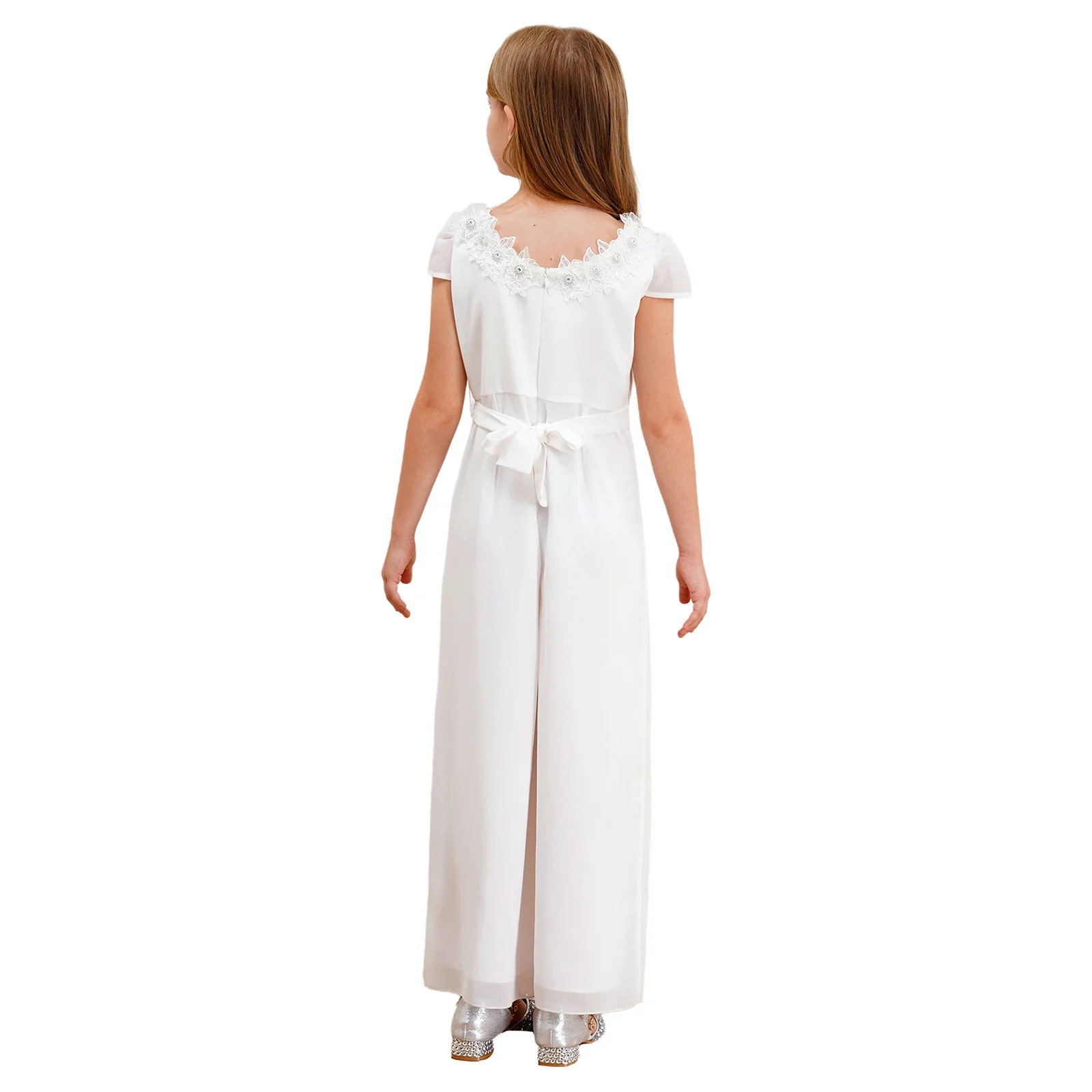 Combinaison avec appliques 3D pour adolescentes, manches cape, body de fête en mousseline de soie, taille haute, superposition, pantalons à jambes larges, barboteuse pour Banquets