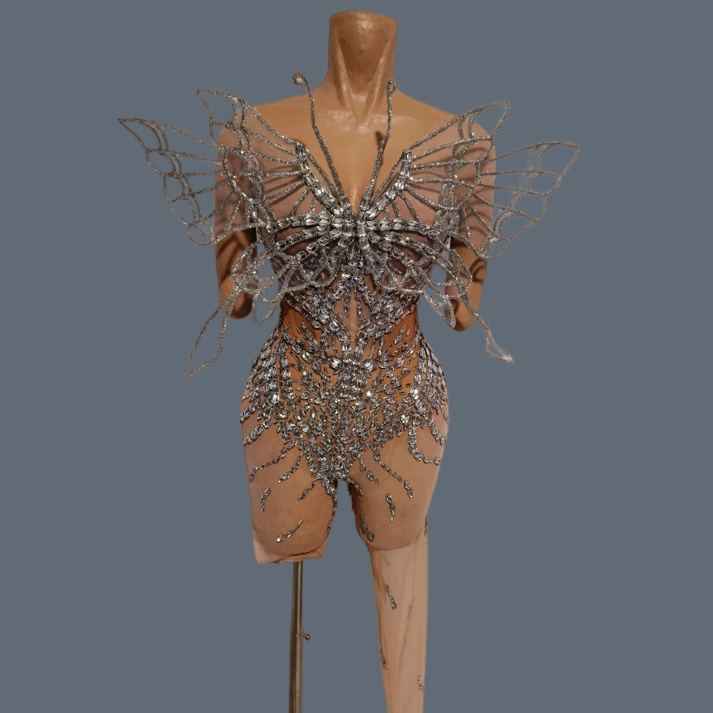 Sparkly Silver Rhinestone Butterfly Wing Mesh Sheer Bodysuit Sexy Women Party Stage Wear Nightclub Performance Costume diexian
