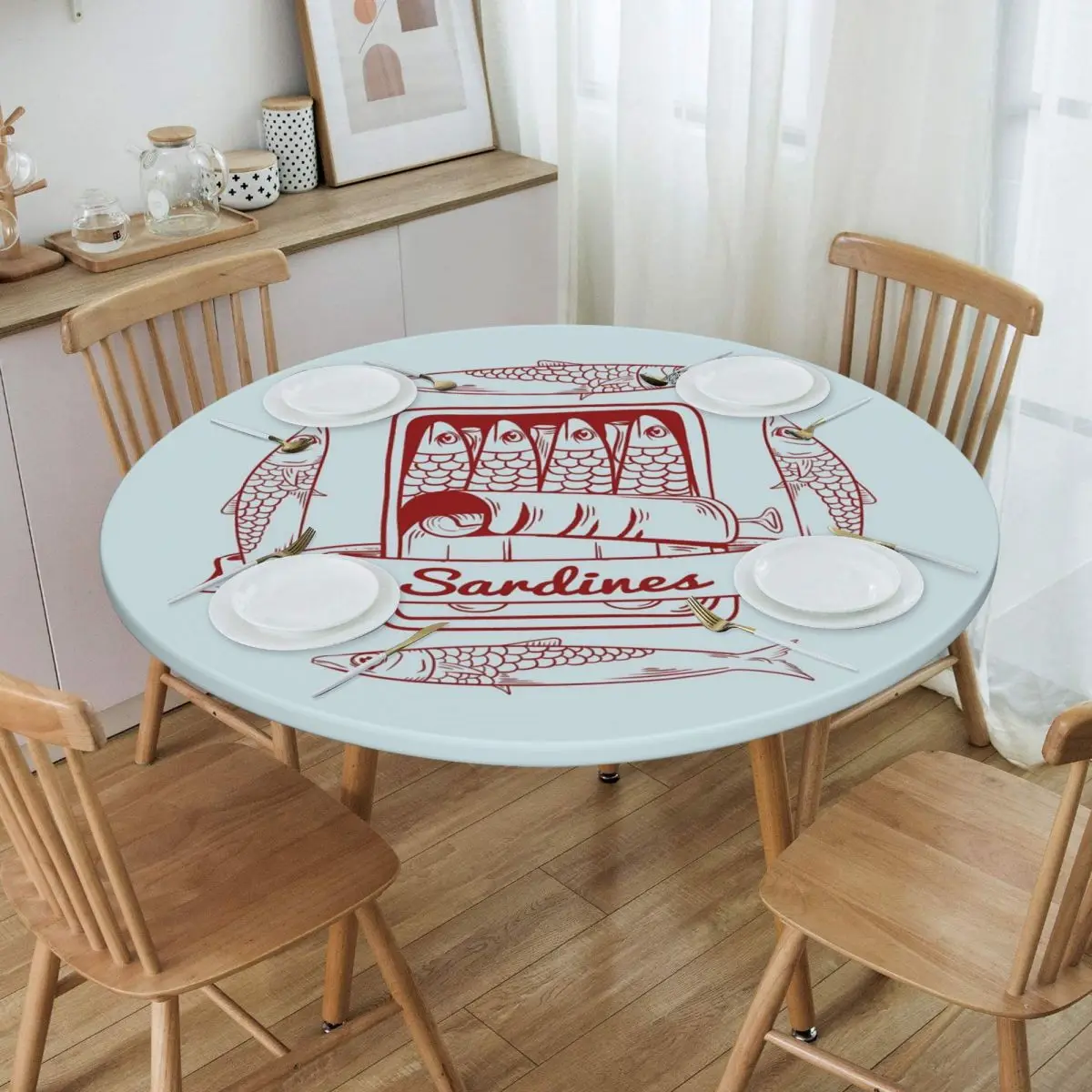 Tin Of Sardin Waterproof Round Tablecloth Oilproof Table Cloth for Kitchen Events Dining Table Cover