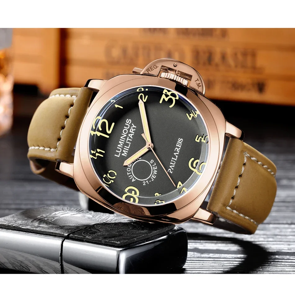 ساعة أوتوماتيكية للرجال حركة ميكانيكية جلد بني أصفر أخضر مضيء فاخر ذهبي وردي عسكري