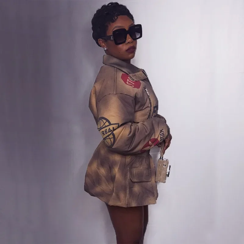 المرأة الخريف 2 قطعة مجموعة رسالة التعادل صبغ طباعة سحاب أكمام طويلة جاكيتات علوية + جيوب البضائع التنانير الصغيرة موضة الشارع الشهير البدلة