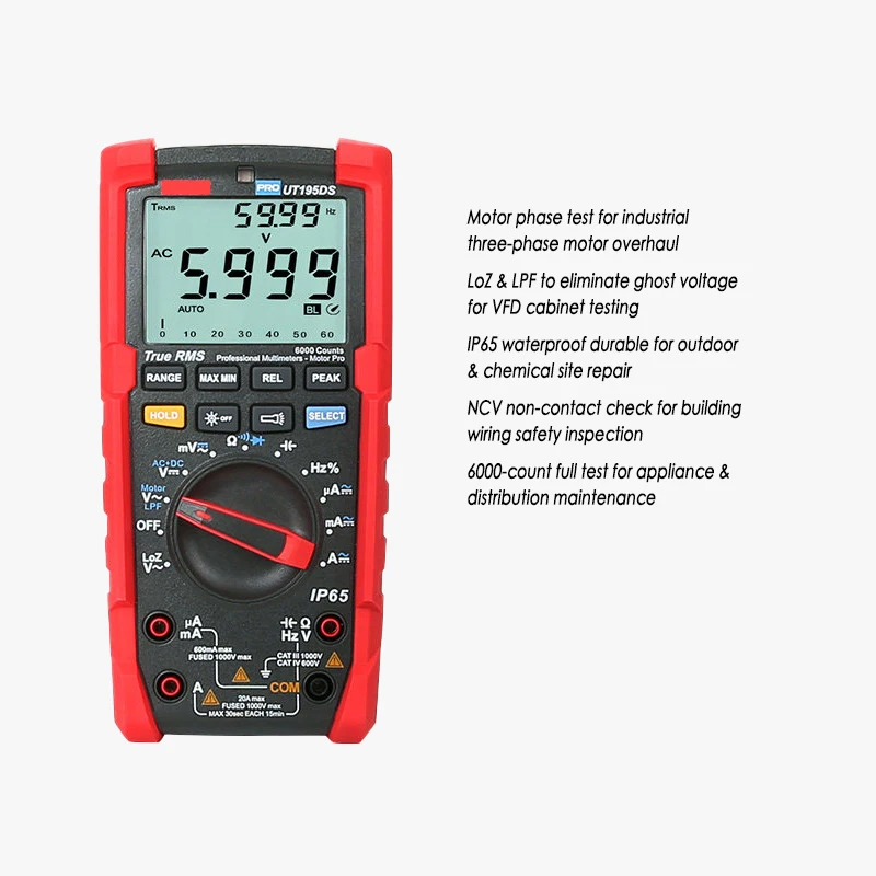 True RMS Digital Multimeter 1000V IP65 Handheld Tester with Motor Phase Test, LoZ Anti-ghost Voltage for Electric Maintenance