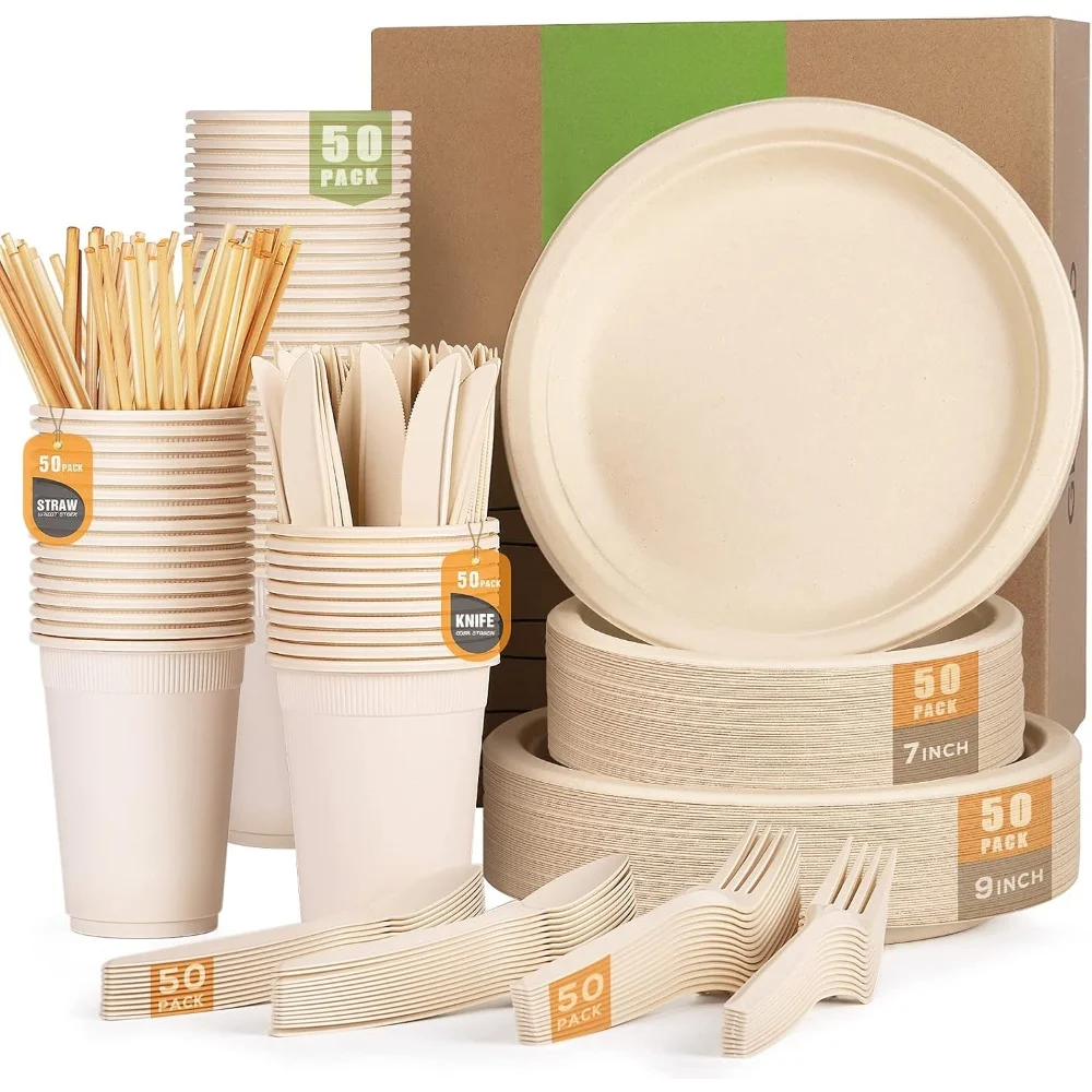 

350pcs Compostable Paper Plates Set Eco-friendly Heavy-duty Disposable Paper Plates Cutlery Includes Eco-friendly Plates,