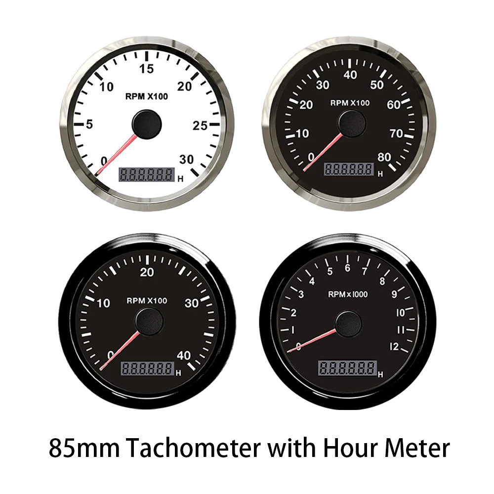 Rhaxel 85mm Tachometer 3K 4K 8K 12K RPM Gauge with Adjustable Hourmeter 12V 24V With Backlight forMotorcycle Vessels