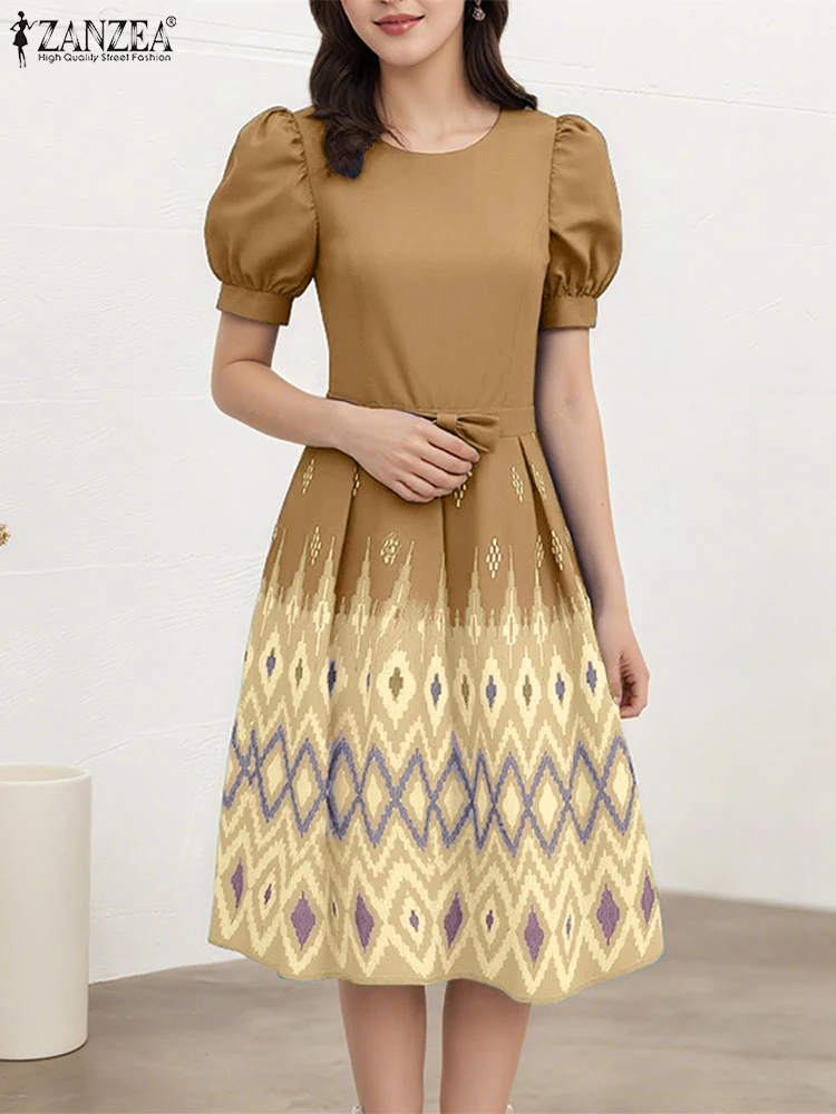 ZANZEA Donne Eleganti Abiti A-Line Manica Corta a Soffio Bohemian Stampato Vestito Estivo 2025 Estate Arco a Vita Alta Festa Vestido