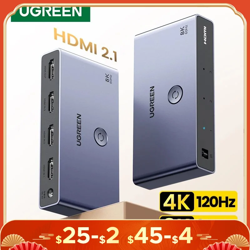 

UGREEN HDMI 2.1 2.0 8K Switch 3 in 1 Out with Remote Control 8K@60Hz, 4K@120Hz Converter Splitter Switcher For Xbox PS5 Monitors