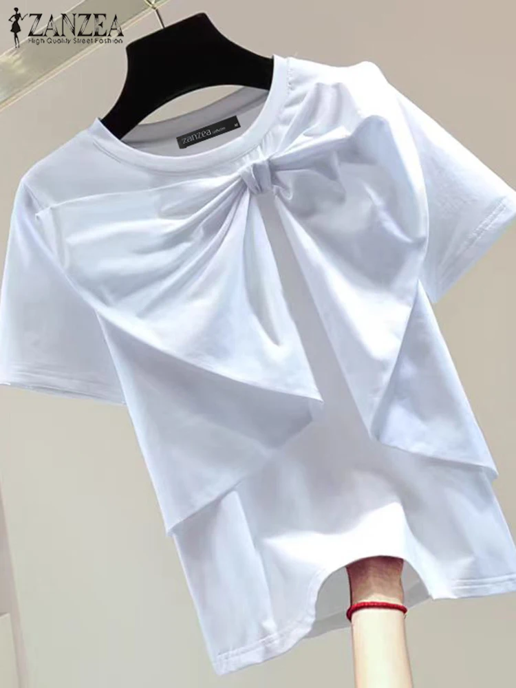 ZANZEA Women SummerLoose T-Shirt Chic Bowknot Short Sleeve Blouse 2024 Korean Patchwork O-neck Tops Holiday Casual Solid Tunic