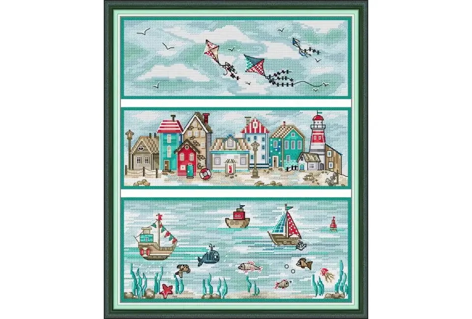 Kreuzstichset mit Land-, Meer- und Luftlandschaftsserie, Muster, Aida 14CT 11CT, gezähltes bedrucktes Nähset, Handstickerei, Heimdeko – Detail 1