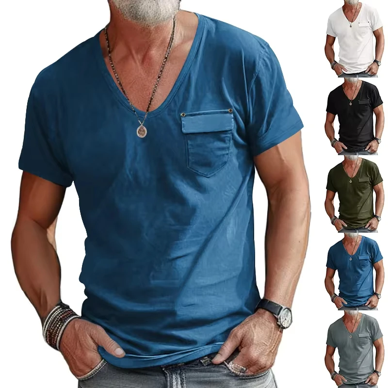 

Summer street fashion trendy men's slim t-shirt men's t-shirt casual versatile solid color pocket Henry shirt short sleeve