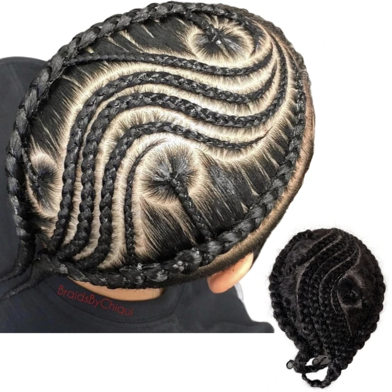 

European Virgin Human Hair Systems 1b# Natural Black Color Afro Corn Taiji Braids Full Lace Toupees 8x10 Male Units for Black Me