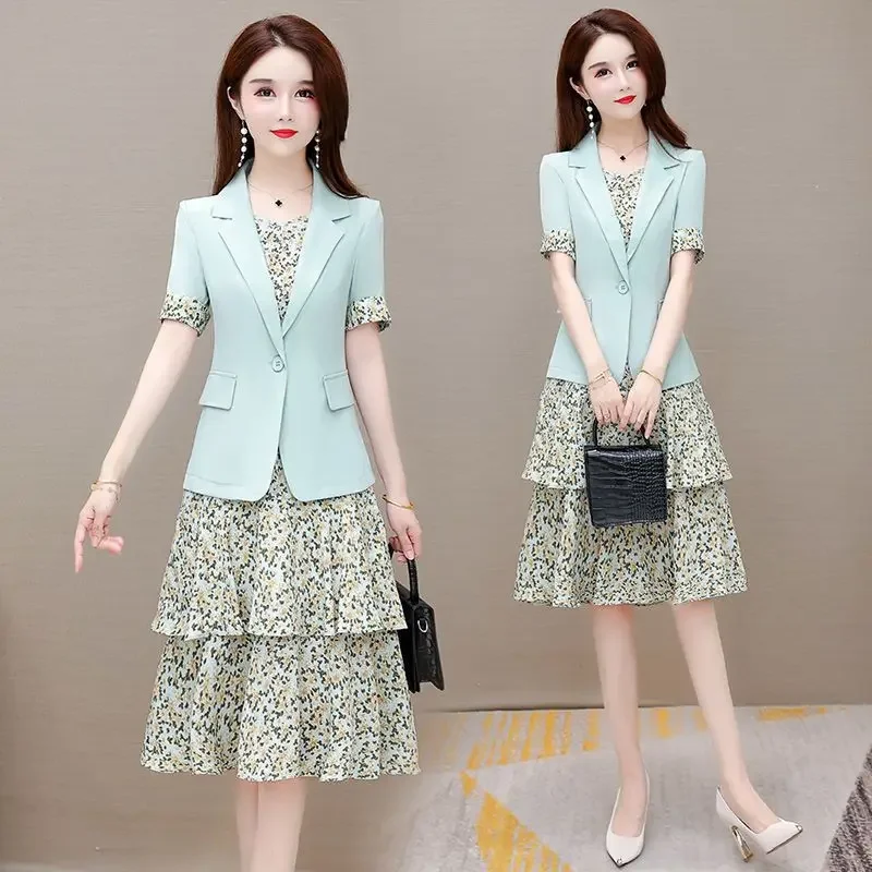 

Women's 2024 Spring/Summer New Short Sleeved Blazers Jacket Matching Set Korean Elegant Casual Suit Coat+suspender Dress 2 Piece