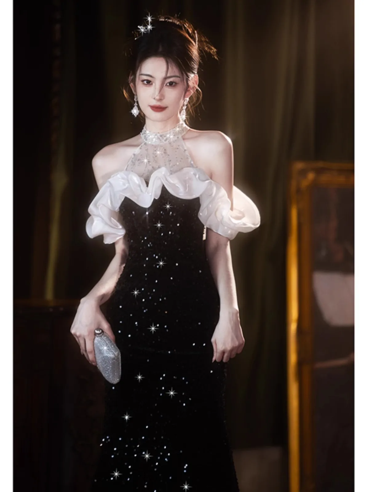 

Ele Bla Evening Gown Women's ter Fi Tail Birthday Par Glittering Sequins High-End Host Long Dr