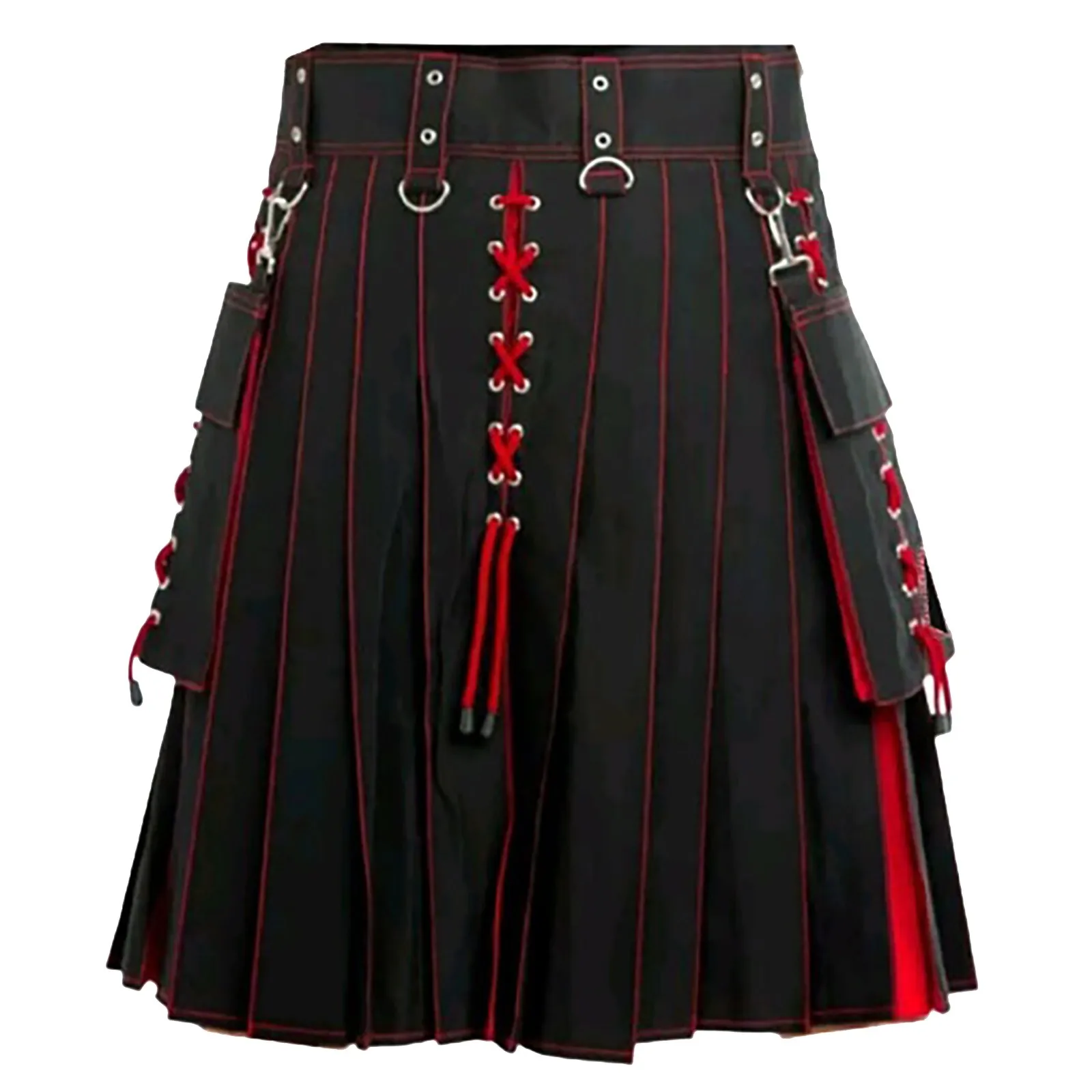 Falda Escocesa de algodón y tartán para Hombre, Falda plisada de Color negro con Bolsillos y solapa, correa de seguridad a presión, estilo Medieval