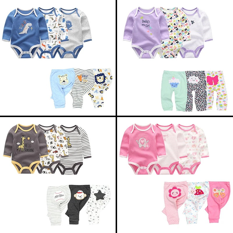 kiddiezoom 6Pcs Unisex Baby Clothes Set, 3 Long Sleeve Bodysuits & 3 Cartoon Cotton Pants Newborn Infant Daily Outfit