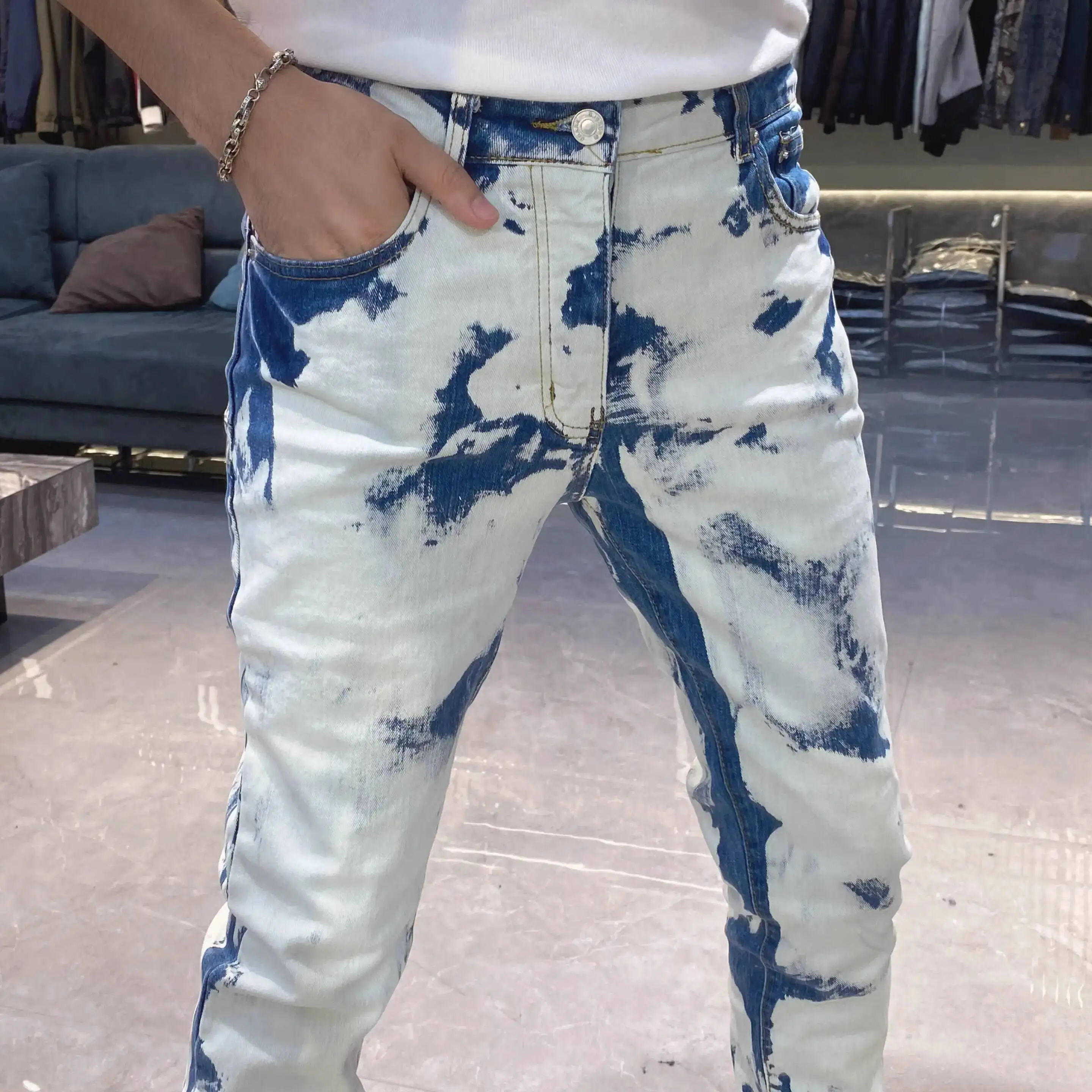 Color Contrast Jeans Male Ripped Jeans For Men Streetwear Personality Flocking Self-cultivation Pant Jeans Homme Skinny Jean Men