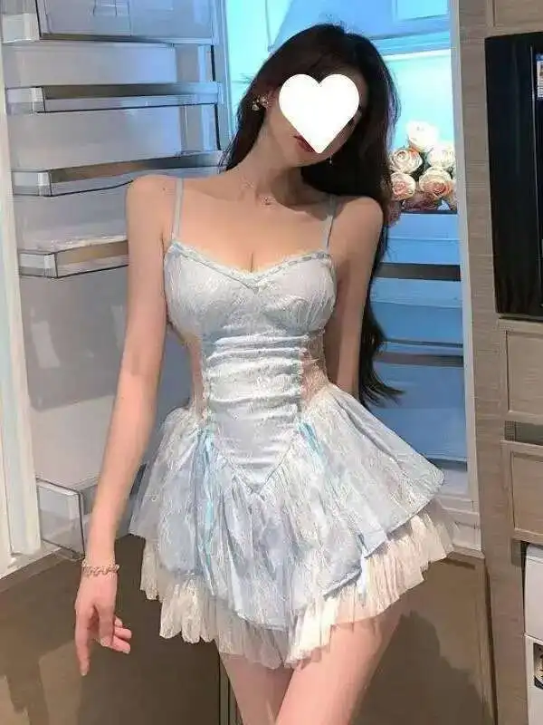 Sexy Suspender Dress Elegant Women's Sweet Pure Desire Lace Hollow Out Slimming Fluffy Dress Blue Sweet Mini Dress Tops TQE8