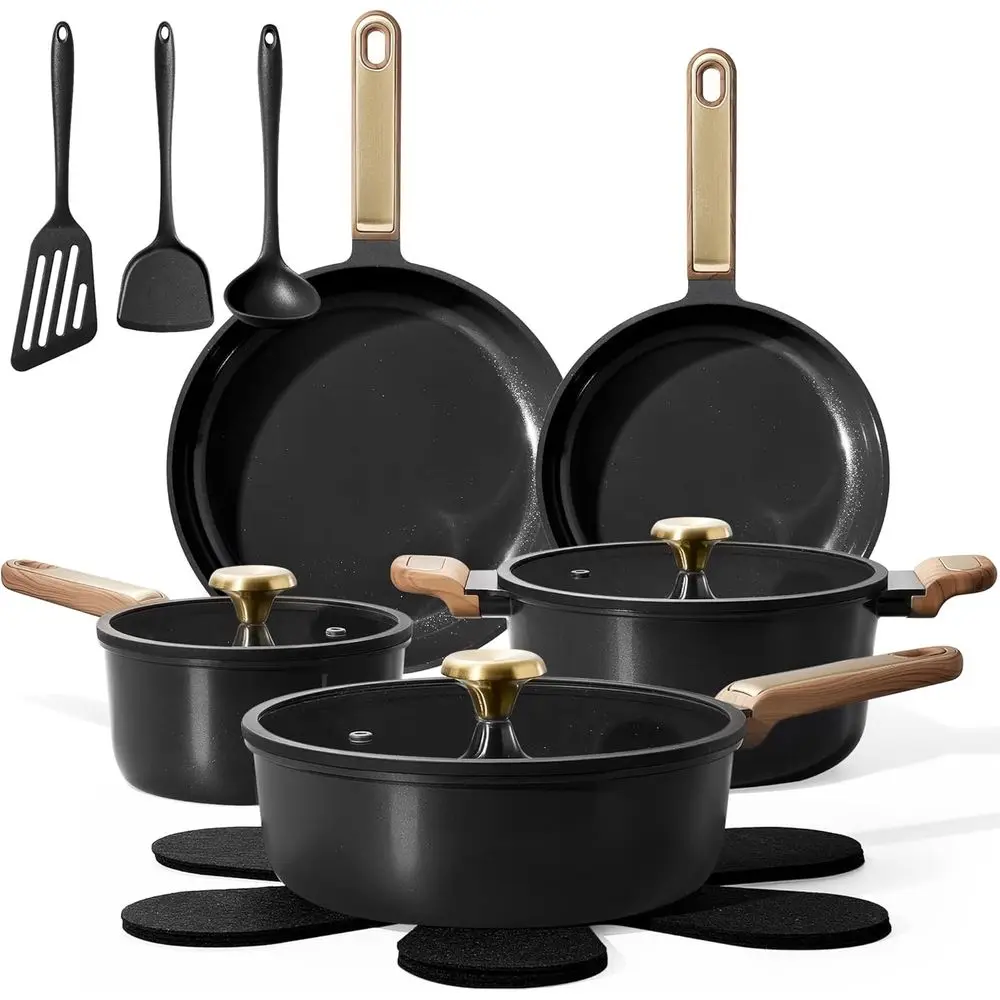 16-Piece Nonstick Cookware Set, Pots and Pans, Non-Toxic, Dishwasher Safe, Ideal for RV and Camping, Charcoal Black