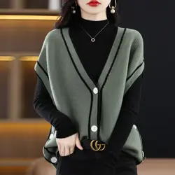 Spring Autumn Women Vintage Casual Sweater Vest V-Neck Loose Cardigans Sleeveless Panelled Fashion Female Knitted Sweaters 2022