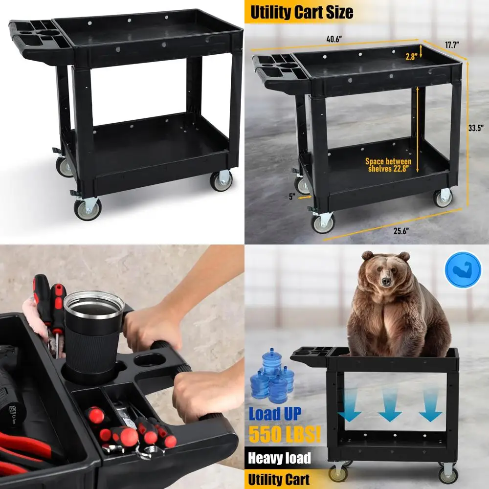 

Пластиковая тележка большой емкости 40 x 17, с двумя глубокими полками и колесами для тяжелых условий эксплуатации для тяжелых условий эксплуатации.