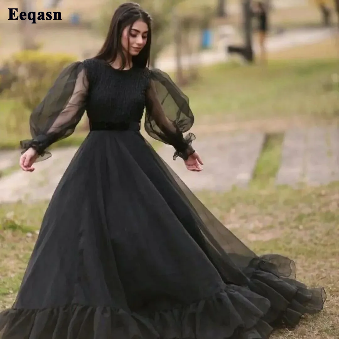 Eeqasn Schwarz Puff Long Sleeves Prom Kleider Oansatz Layered Rock Abend Party Kleider Frauen Formal Red Teppich Promi Kleid