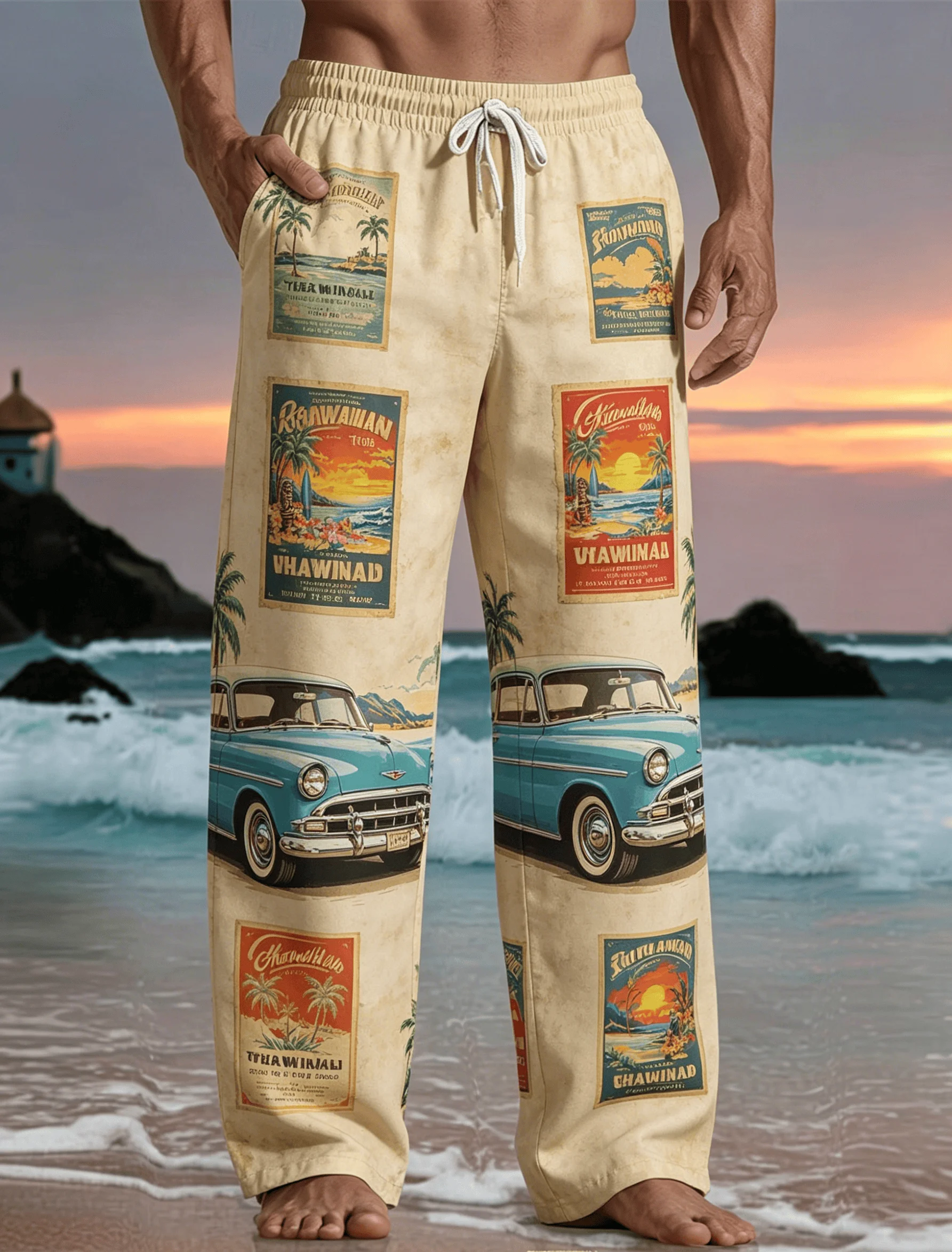 Men's Tropical Parrot Jungle Print Drawstring Pants, Casual Loose Straight Leg Trousers with Design for Spring & Summer