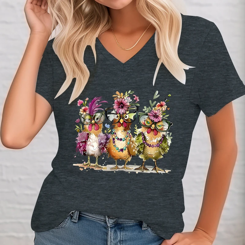 Flower Chicken Funny Graphic T Shirts Women Funny Flower Chicken Glasses T-shirts Female Fashion Animal Lover Essential TShirt