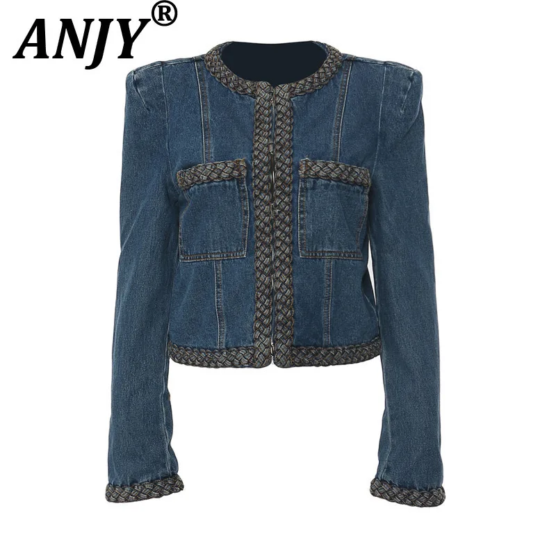 

ANJY 2025 Autumn Spring New Women Tide Chic Unique Knitted Delicate Unique Padded Shoulder Blazer Denim Jacket Short Coat A14057