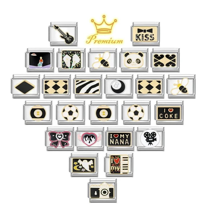 Y2k Charm Plaid Panda Camera Piano Guitar Italian Charm Links Fit 9mm Bracelet Stainless Steel DIY Jewelry Making Wholesale