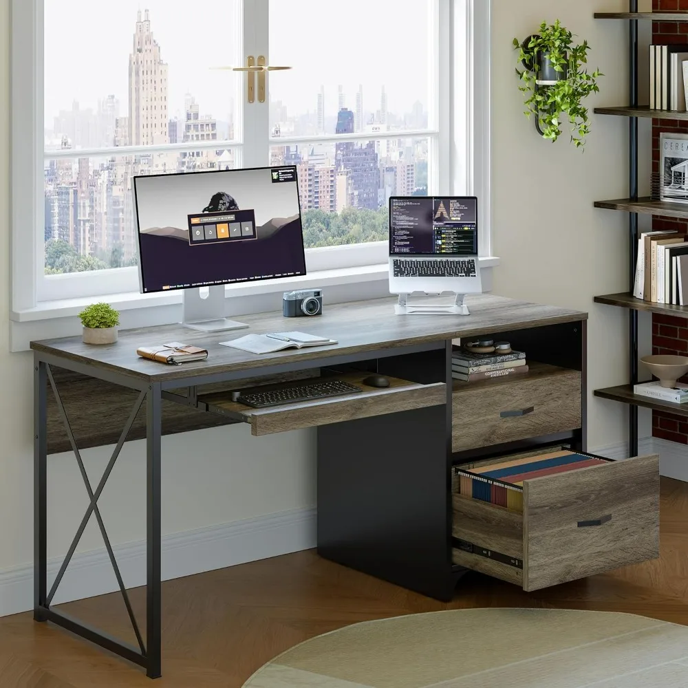 Office Desk with Drawers, 55 inch Industrial Computer Desk with Storage, Wood Teacher Desk with Keyboard Tray & File Drawer