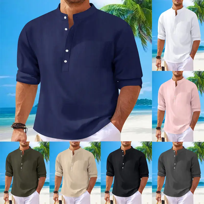 

Men's Pure Color Casual Cotton Linen Long Sleeve Shirt Stand Collar Iron Free Treatment Autumn Season Fashion Male Apparel