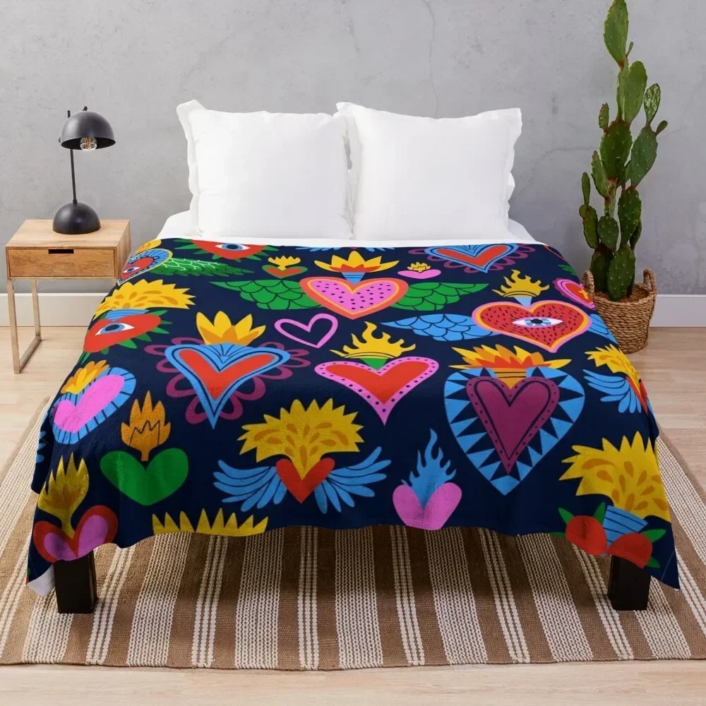 

Sacred Hearts Mexican Folk Art Throw Blanket Foldable Soft Warm Blanket for Outdoor Use