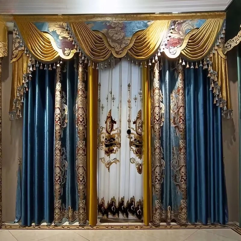

European Custom Size Embroidery Luxury Blue Velvet Curtains for Living Room Bedroom Dining Window Tulle Valance Thicken Decor