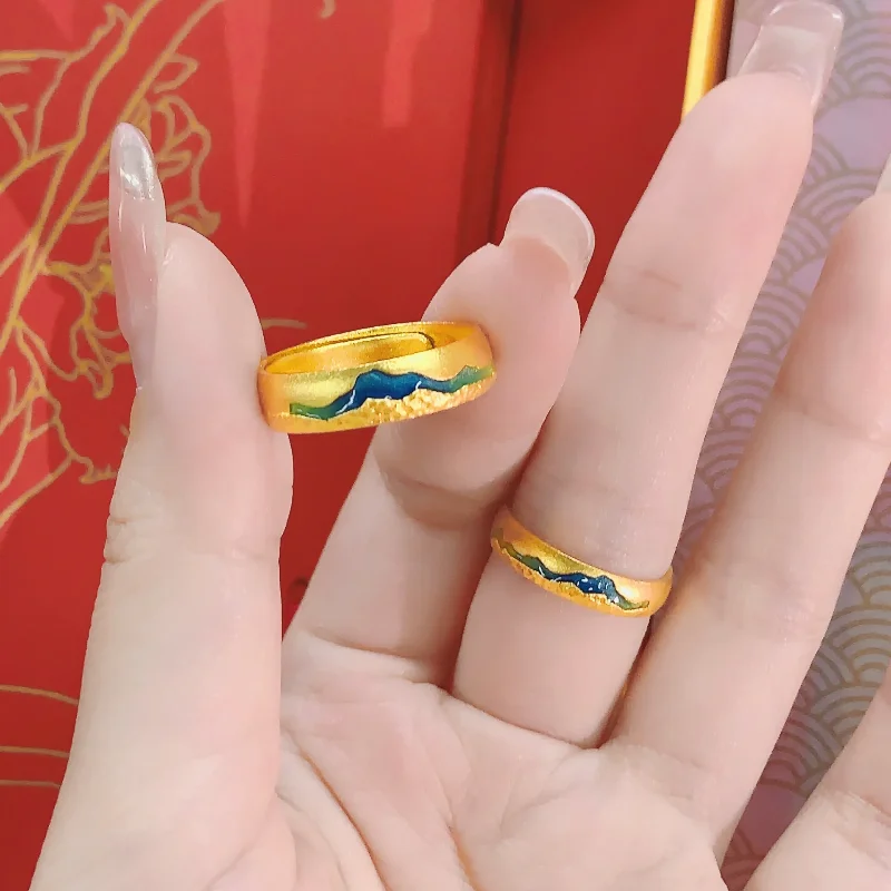 Enamel Artisan Crafted Modern Chinese Style Couple Rings Matching Set Traditional Technique Premium Minimalist Versatile Jewelry