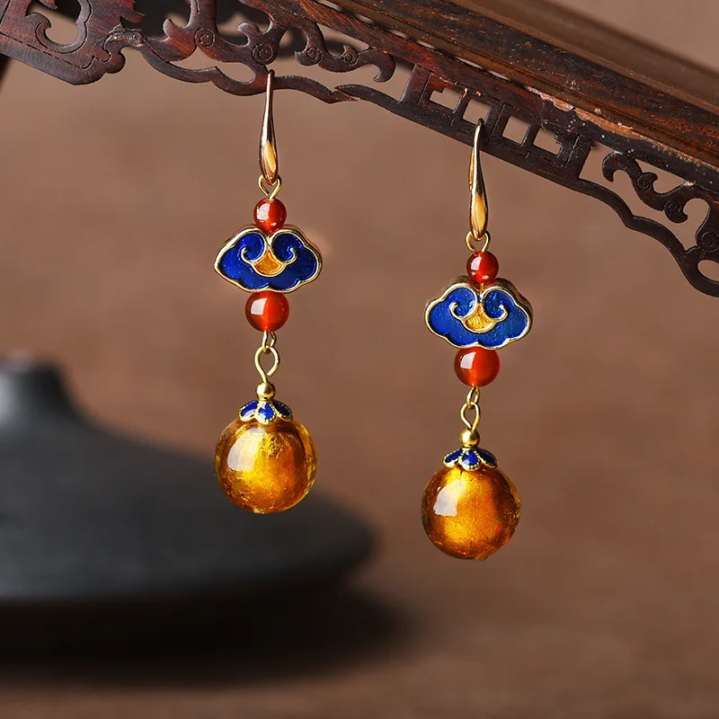 

Chinese Landscape Thai Blue Agate Women's Earrings, Retro Palace Accessories, Niche Gifts