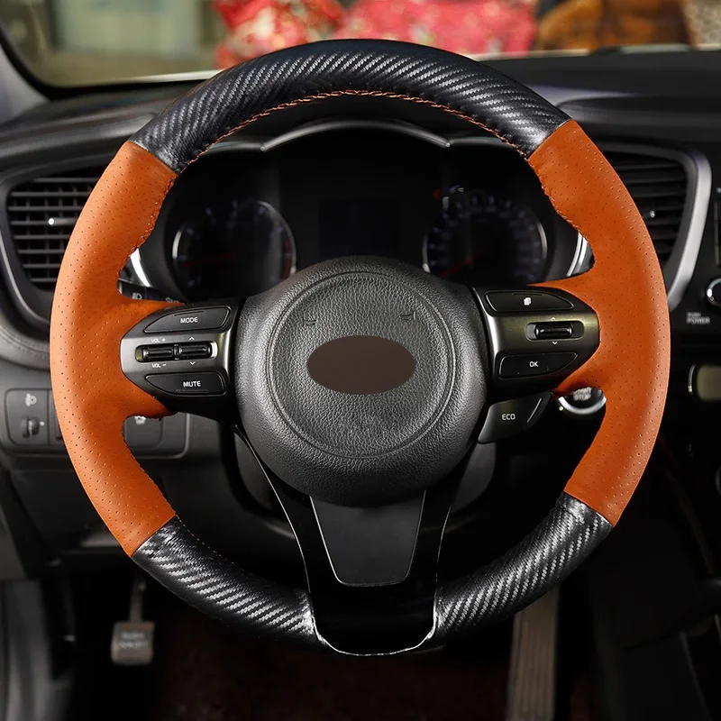 

Matt Carbon Fiber with Orange Perforated Leather Full Wrap Car Steering Wheel Cover Car Accessoires for Kia K2 K3 K4 K5 KX3 KX5