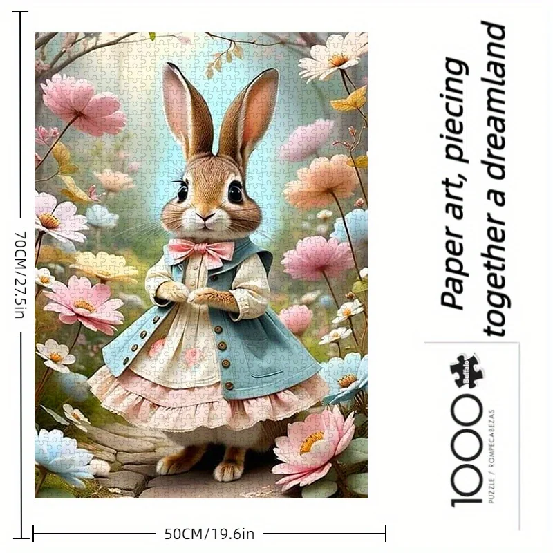 1000 قطعة من أحجية الورق، منشار قطع DIY مع أرنب لطيف في فستان منتفخ، خلفية زهرية، مادة بطاقة بيضاء عالية الجودة، مناسبة f