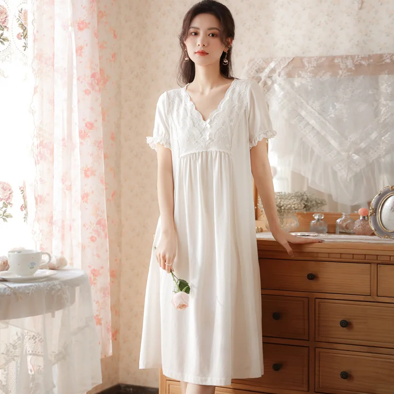 Women White Cotton Night Dress Victorian Nightgowns Vintage Sexy Lace Fairy Short Sleeve Peignoir Nightdress Princess Sleepwear