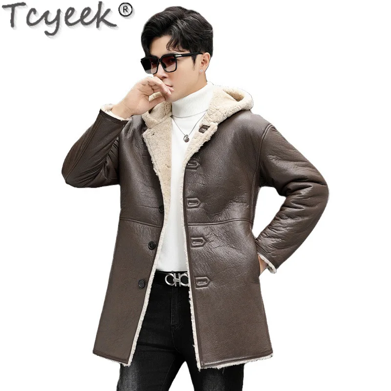 Tcyeek Veste en cuir véritable mi-longue pour homme, manteau en fourrure naturelle, vestes à capuche chaudes, peau de mouton véritable, mode d'hiver, CombChic