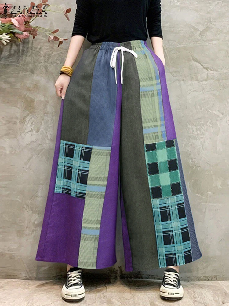 

ZANZEA Streetwear Wide Leg Pants Women Casual Elastic Waist Patchwork Plaid Pants Pockets Vintage Long Trouser Loose Bottoms