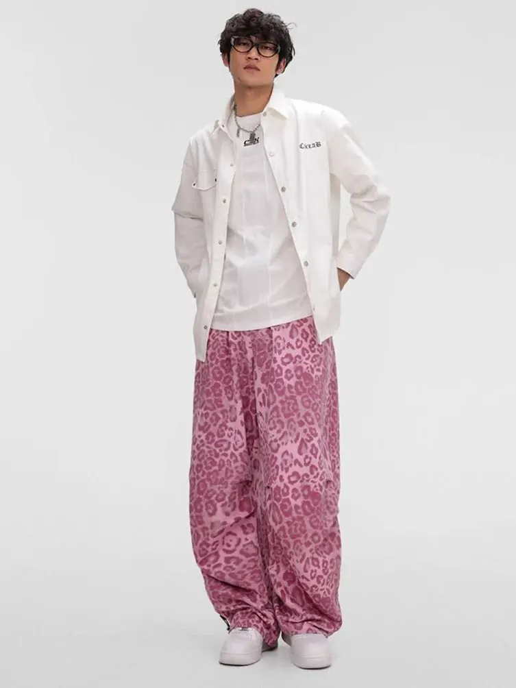 Pink Hip Hop Animal leopard Baggy Parachute Pants Men Streetwear Wide leg Oversize Causal Sport Sweatpants Male Techwear