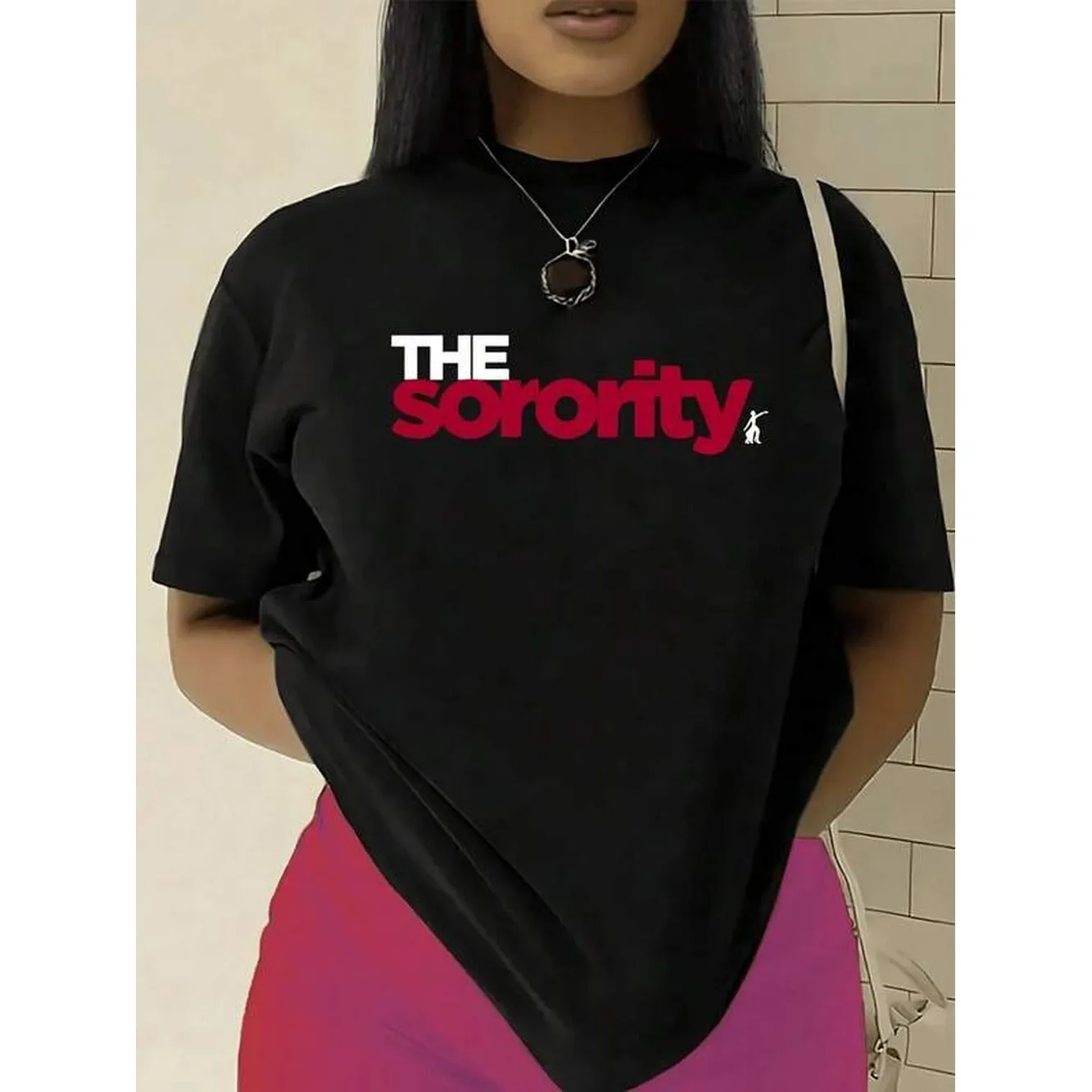 Plus Size Women Short Sleeve Tee, The Sorority Greek Letter Simple Bold Text Print, Soft Breathable Fabric, Daily Casual Outfit