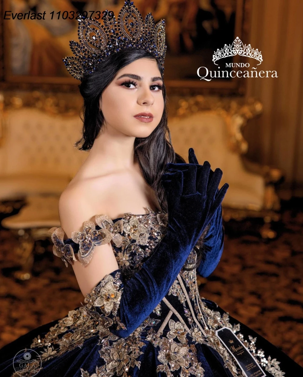 EVLAST-Robe Quinceanera en velours bleu marine, robe de Rh, papillon doré, appliques de perles, cape corset, Sweet 16, QD1020